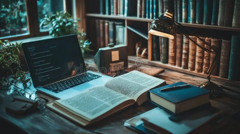 Escritorio con laptop y libros